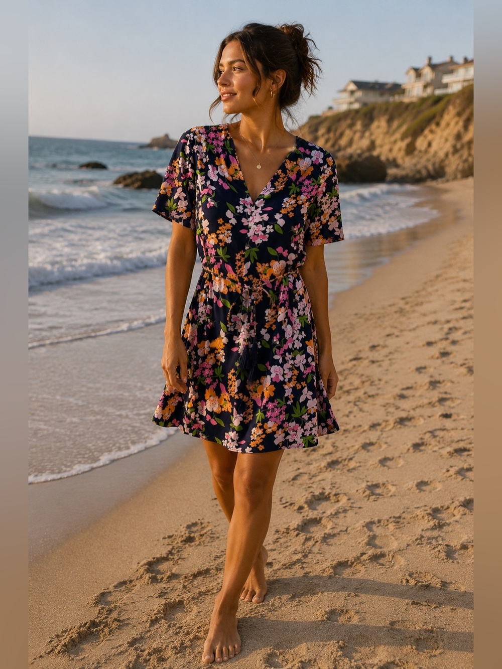 A New Day Floral Mini Dress XS Navy Pink Orange Tie Waist Fit Flare